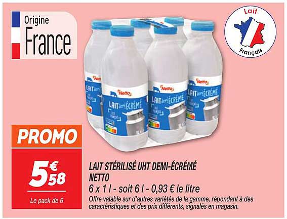 LAIT STÉRILISÉ UHT DEMI-ÉCRÉMÉ NETTO