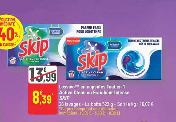 Lessive** en capsules Tout en 1 Active Clean ou Fraîcheur Intense SKIP