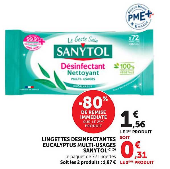 LINGETTES DESINFECTANTES EUCALYPTUS MULTI-USAGES SANYTOL