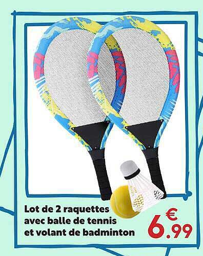 Lot de 2 raquettes avec balle de tennis et volant de badminton