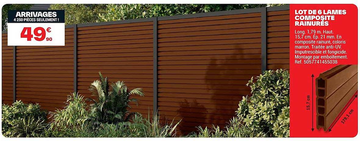 LOT DE 6 LAMES COMPOSITE RAINURÉES