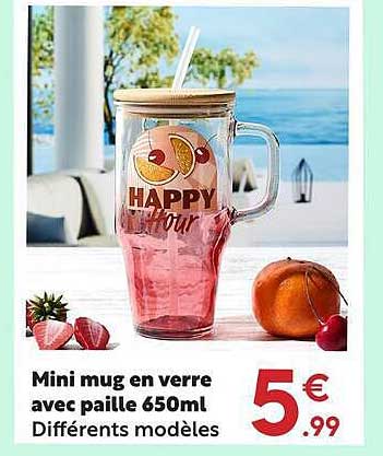 Mini mug en verre avec paille 650ml