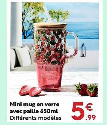 Mini mug en verre avec paille 650ml Différents modèles