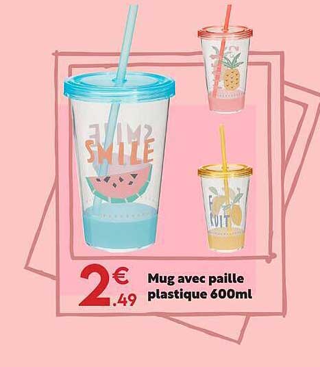 Mug avec paille plastique 600ml