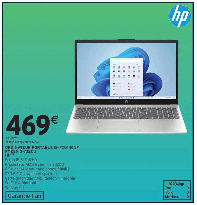 ORDINATEUR PORTABLE 15-FC0146NF RYZEN 3-7320U HP