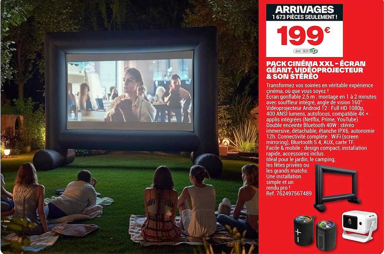 PACK CINÉMA XXL – ÉCRAN GÉANT, VIDÉOPROJECTEUR & SON STÉRÉO