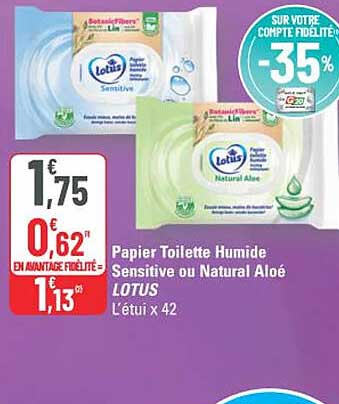 Papier Toilette Humide Sensitive ou Natural Aloé LOTUS L'étui x 42
