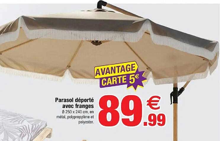 Parasol déporté avec franges Ø 250 x 240 cm, en métal, polypropylène et polyester