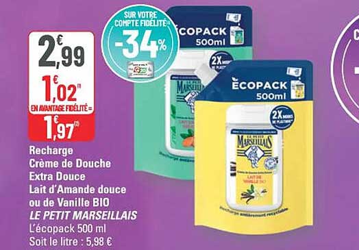 Recharge Crème de Douche Extra Douce Lait d’Amande douce ou de Vanille BIO LE PETIT MARSEILLAIS