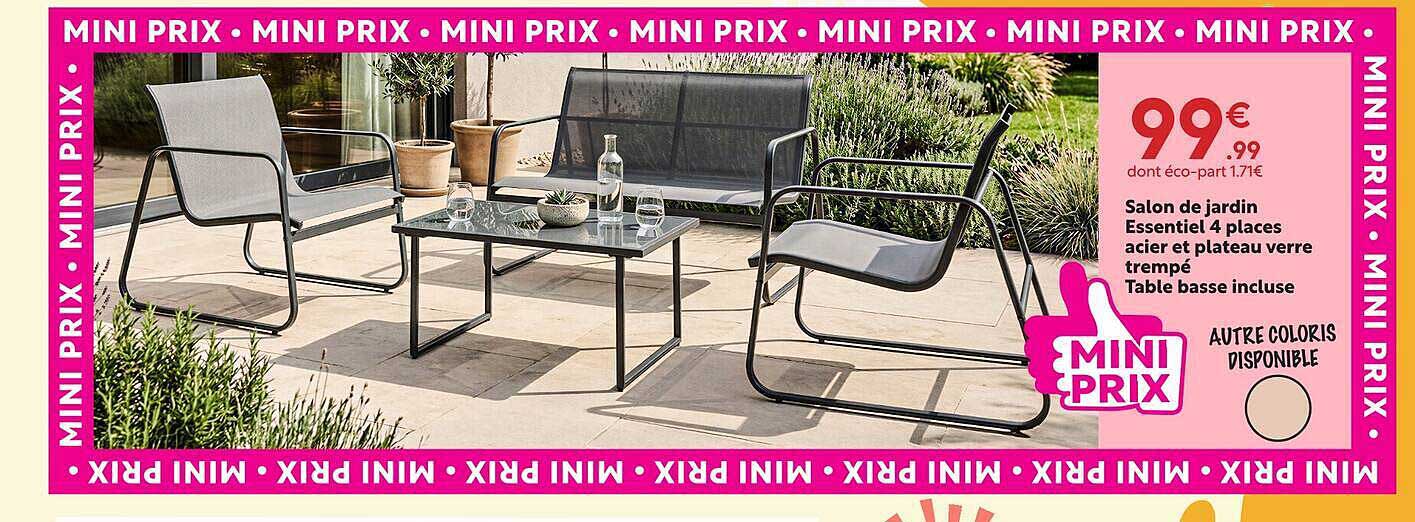 Salon de jardin Essentiel 4 places acier et plateau verre trempé Table basse incluse
