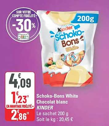 Schoko-Bons White Chocolat blanc KINDER Le sachet 200 g Soit le kg : 20,45 €
