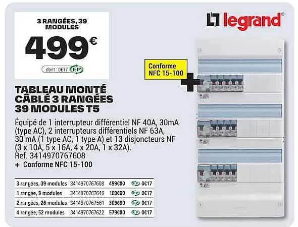 TABLEAU MONTÉ CÂBLE 3 RANGÉES 39 MODULES T5