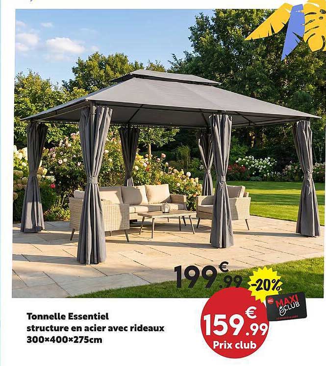 Tonnelle Essentiel structure en acier avec rideaux 300×400×275cm