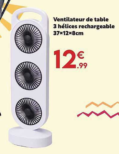 Ventilateur de table 3 hélices rechargeable 37×12×8cm