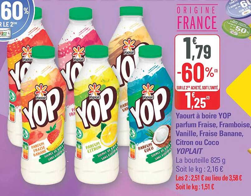 Yaourt à boire YOP parfum Fraise, Framboise, Vanille, Fraise Banane, Citron ou Coco YOPLAIT