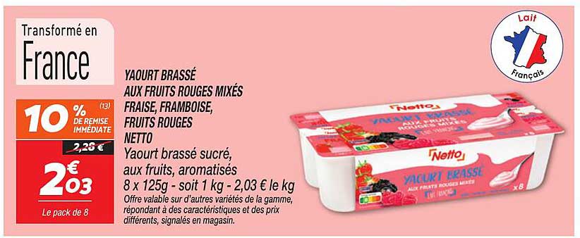 YAOURT BRASSÉ AUX FRUITS ROUGES MIXÉS FRAISE, FRAMBOISE, FRUITS ROUGES NETTO