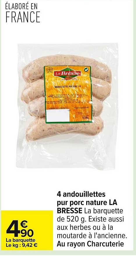 4 andouillettes pur porc nature LA BRESSE