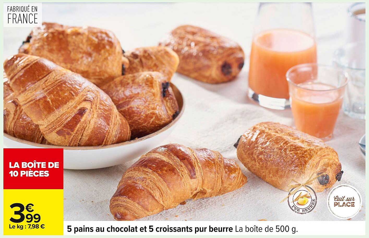 5 pains au chocolat et 5 croissants pur beurre La boîte de 500 g.
