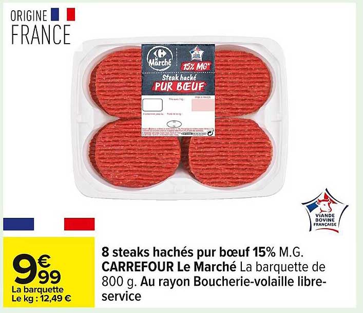 8 steaks hachés pur bœuf 15% M.G. CARREFOUR Le Marché