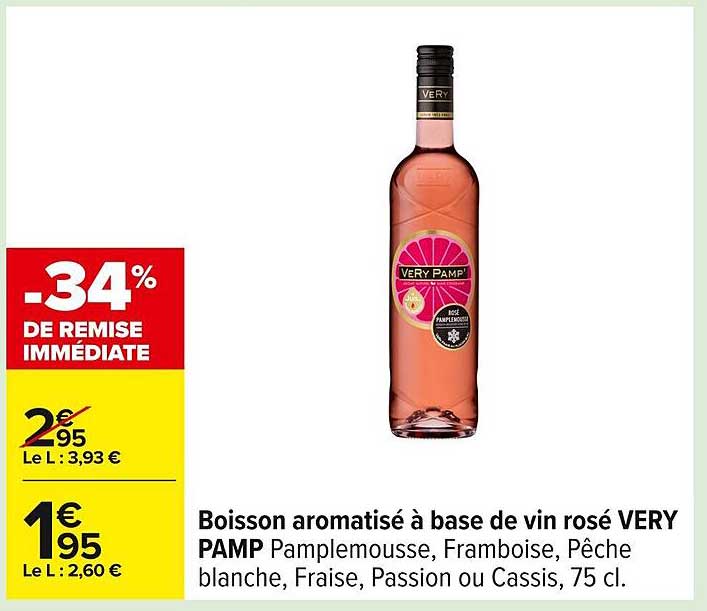 Boisson aromatisé à base de vin rosé VERY PAMP Pamplemousse, Framboise, Pêche blanche, Fraise, Passion ou Cassis, 75 cl.