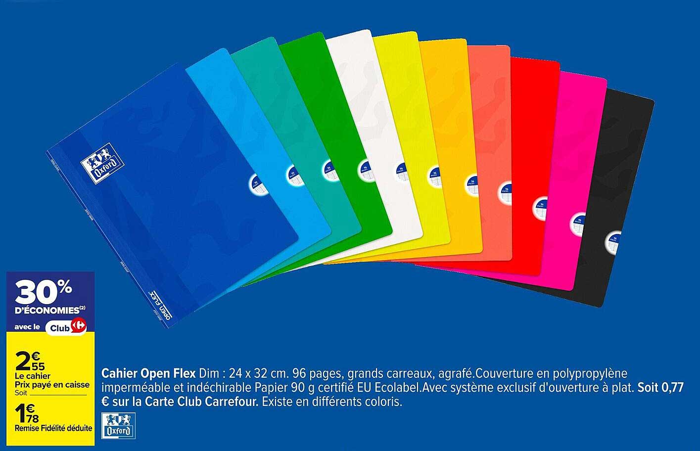 Cahier Open Flex Dim : 24 x 32 cm. 96 pages, grands carreaux, agrafé.