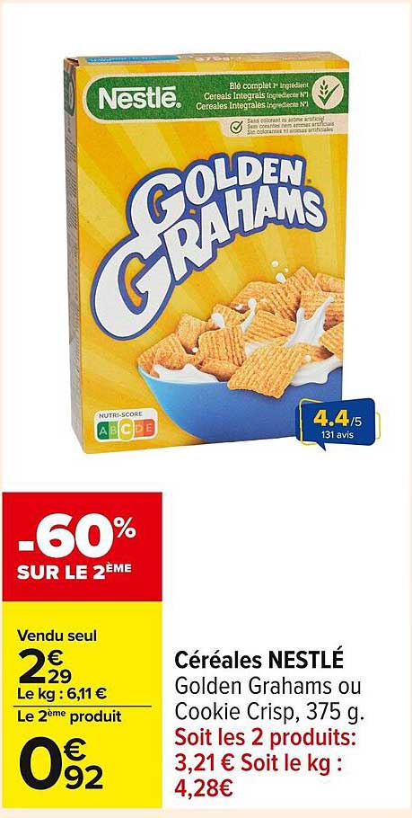 Céréales NESTLÉ Golden Graham ou Cookie Crisp, 375 g