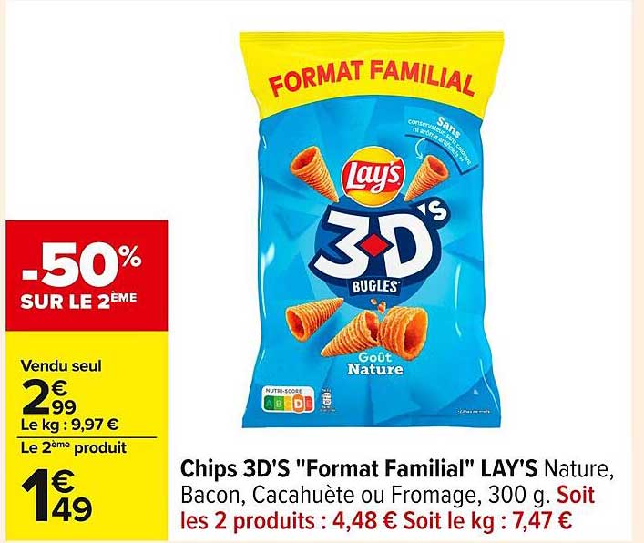 Chips 3D'S "Format Familial" LAY'S Nature, Bacon, Cacahuète ou Fromage, 300 g