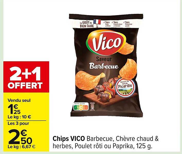 Chips VICO Saveur Barbecue, Chèvre chaud & herbes, Poulet rôti ou Paprika, 125 g