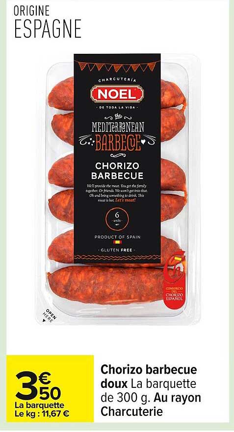 Chorizo barbecue doux La barquette de 300 g