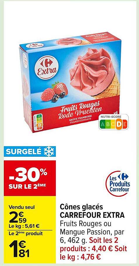 Cônes glacés CARREFOUR EXTRA Fruits Rouges ou Mangue Passion