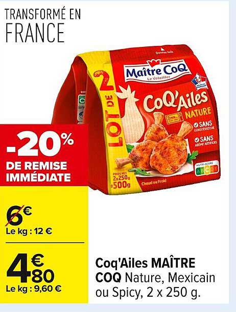 Coq'Ailes MAÎTRE COQ Nature, Mexicain ou Spicy, 2 x 250 g.