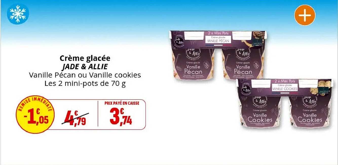Crème glacée JADE & ALLIE Vanille Pécan ou Vanille cookies Les 2 mini-pots de 70 g