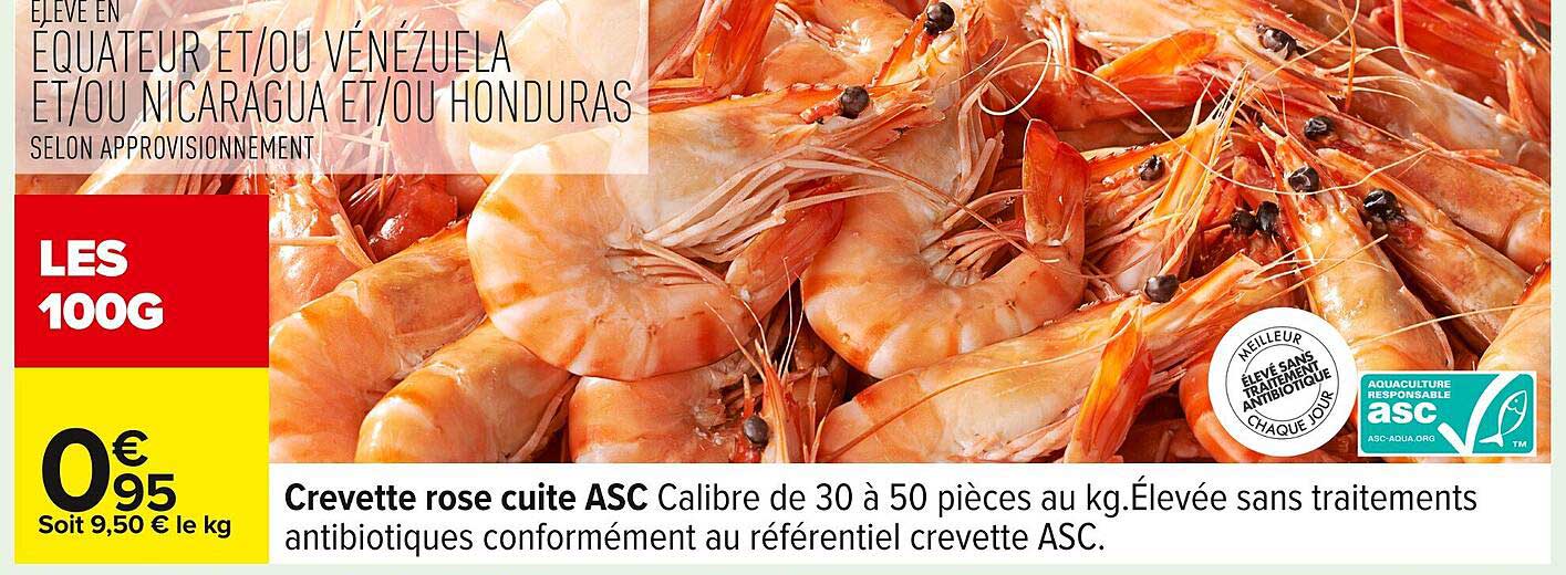 Crevette rose cuite ASC Calibre de 30 à 50 pièces au kg.