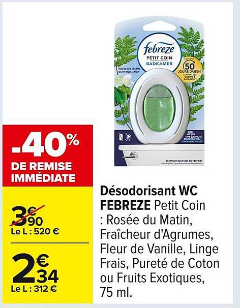 Désodorisant WC FEBREZE Petit Coin : Rosée du Matin, Fraîcheur d'Agrumes, Fleur de Vanille, Linge Frais, Pureté de Coton ou Fruits Exotiques, 75 ml.