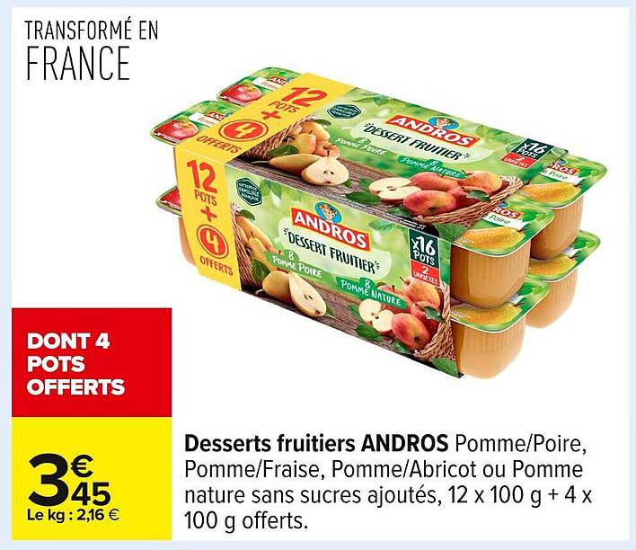 Desserts fruitiers ANDROS Pomme/Poire, Pomme/Fraise, Pomme/Abricot ou Pomme nature sans sucres ajoutés, 12 x 100 g + 4 x 100 g offerts.