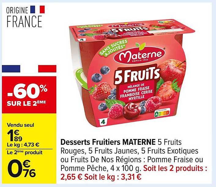 Desserts Fruitiers MATERNES 5 Fruits Rouges, 5 Fruits Jaunes, 5 Fruits Exotiques ou Fruits De Nos Régions : Pomme Fraise ou Pomme Pêche