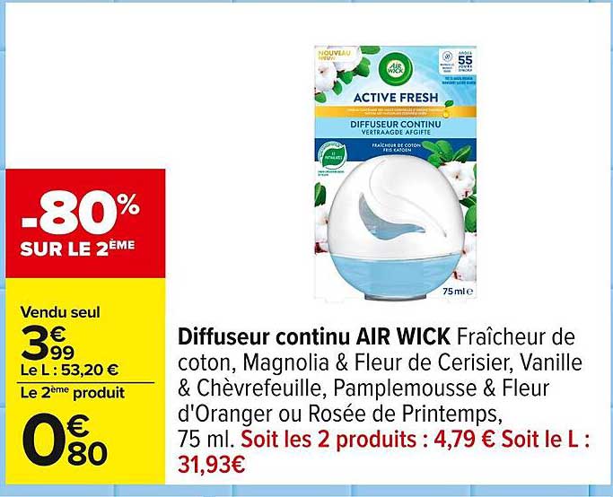 Diffiseur continu AIR WICK Fraîcheur de coton, Magnolia & Fleur de Cerisier, Vanille & Chèvrefeuille, Pamplemousse & Fleur d'Oranger ou Rosée de Printemps