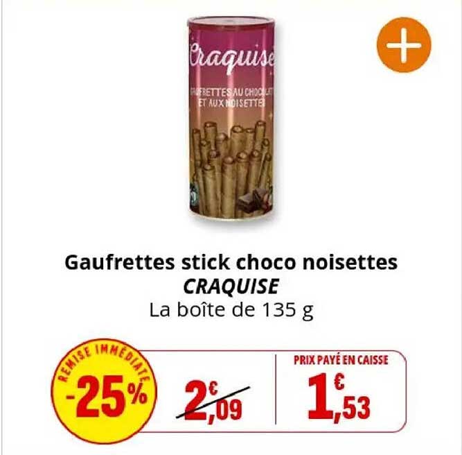 Gaufrettes stick choco noisettes CRAQUISE La boîte de 135 g