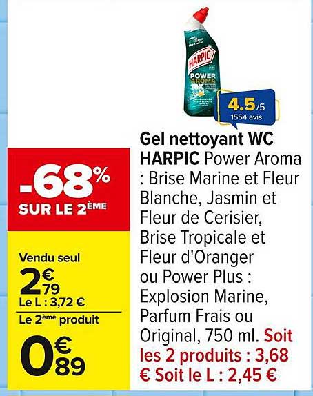 Gel nettoyant WC HARPIC Power Aroma : Brise Marine et Fleur Blanche, Jasmin et Fleur de Cerisier, Brise Tropicale et Fleur d'Oranger ou Power Plus : Explosion Marine, Parfum Frais ou Original, 750 ml