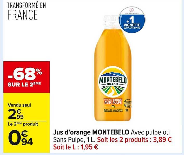 Jus d'orange MONTEBELO Avec pulpe ou Sans Pulpe, 1L