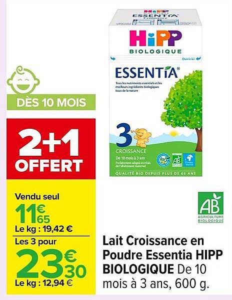 Lait Croissance en Poudre Essentia HIPP BIOLOGIQUE De 10 mois à 3 ans, 600 g