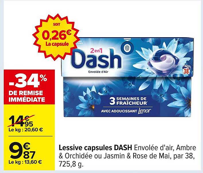 Lessive capsules DASH Envolée d'air, Ambre & Orchidée ou Jasmin & Rose de Mai, par 38, 725,8 g