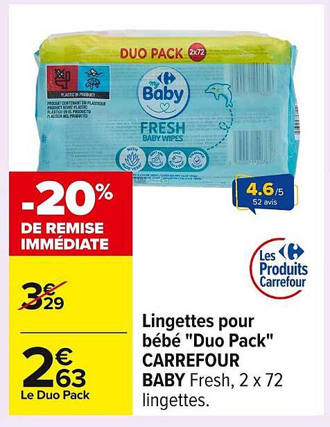 Lingettes pour bébé "Duo Pack" CARREFOUR BABY Fresh, 2 x 72 lingettes.