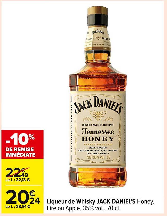 Liqueur de Whisky JACK DANIEL'S Honey, Fire ou Apple, 35% vol., 70 cl