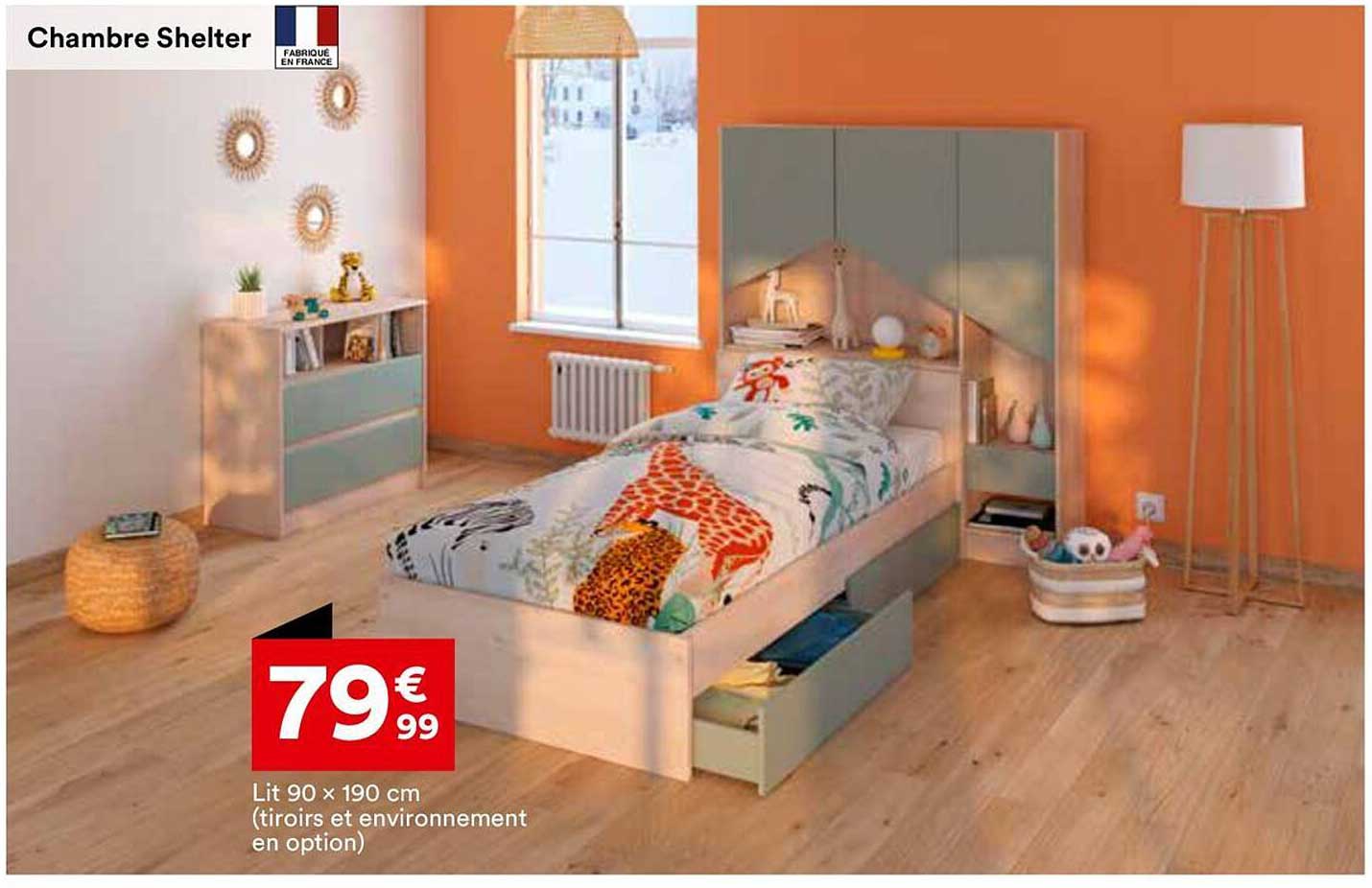 Lit 90 x 190 cm (tiroirs et environnement en option)