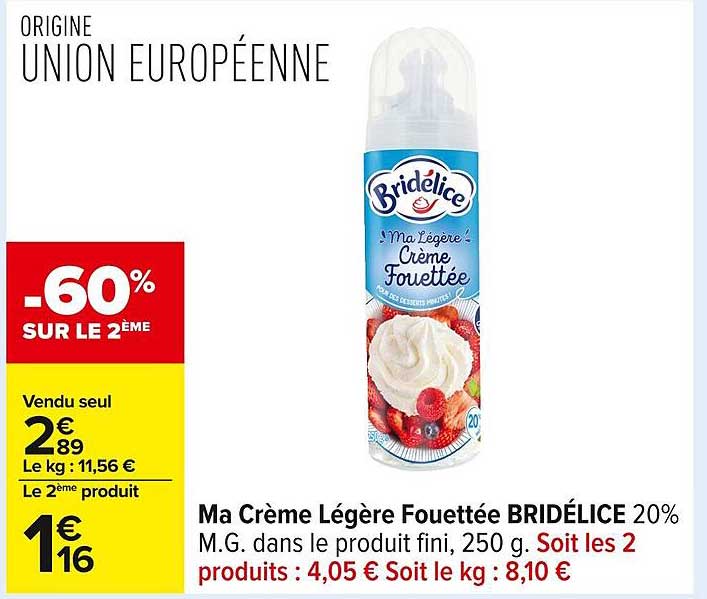 Ma Crème Légère Fouettée BRIDÉLICE 20% M.G.
