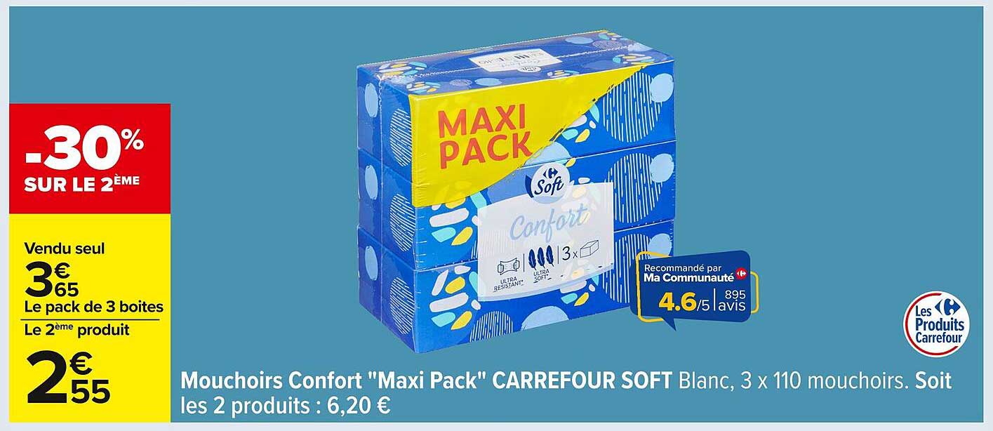 Mouchoirs Confort "Maxi Pack" CARREFOUR SOFT Blanc, 3 x 110 mouchoirs.