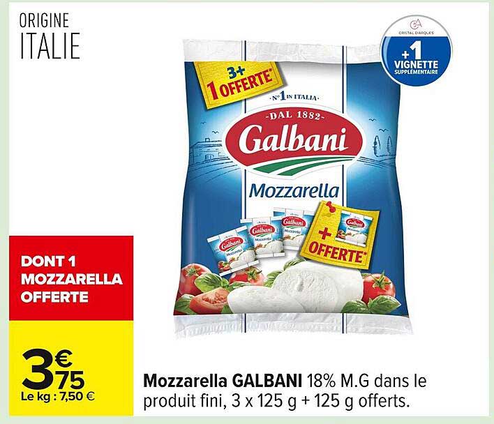 Mozzarella GALBANI 18% M.G dans le produit fini, 3 x 125 g + 125 g offerts.