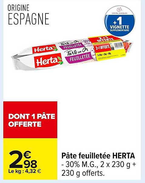 Pâte feuilletée HERTA - 30% M.G., 2 x 230 g + 230 g offerts