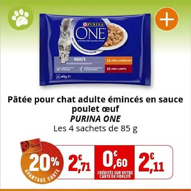 Pâtée pour chat adulte émincés en sauce poulet œuf PURINA ONE Les 4 sachets de 85 g